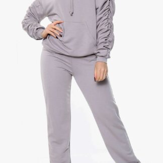 Ruched Sleeve Hoodie and Jogger Lounge Set gray colour