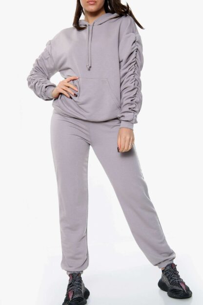 Ruched Sleeve Hoodie and Jogger Lounge Set gray colour