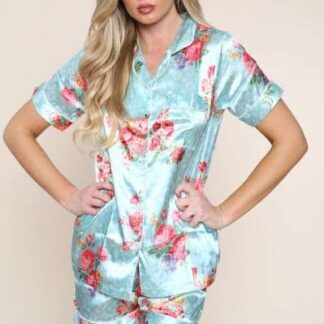 Satin Flower Printed PJ Set Shorts green