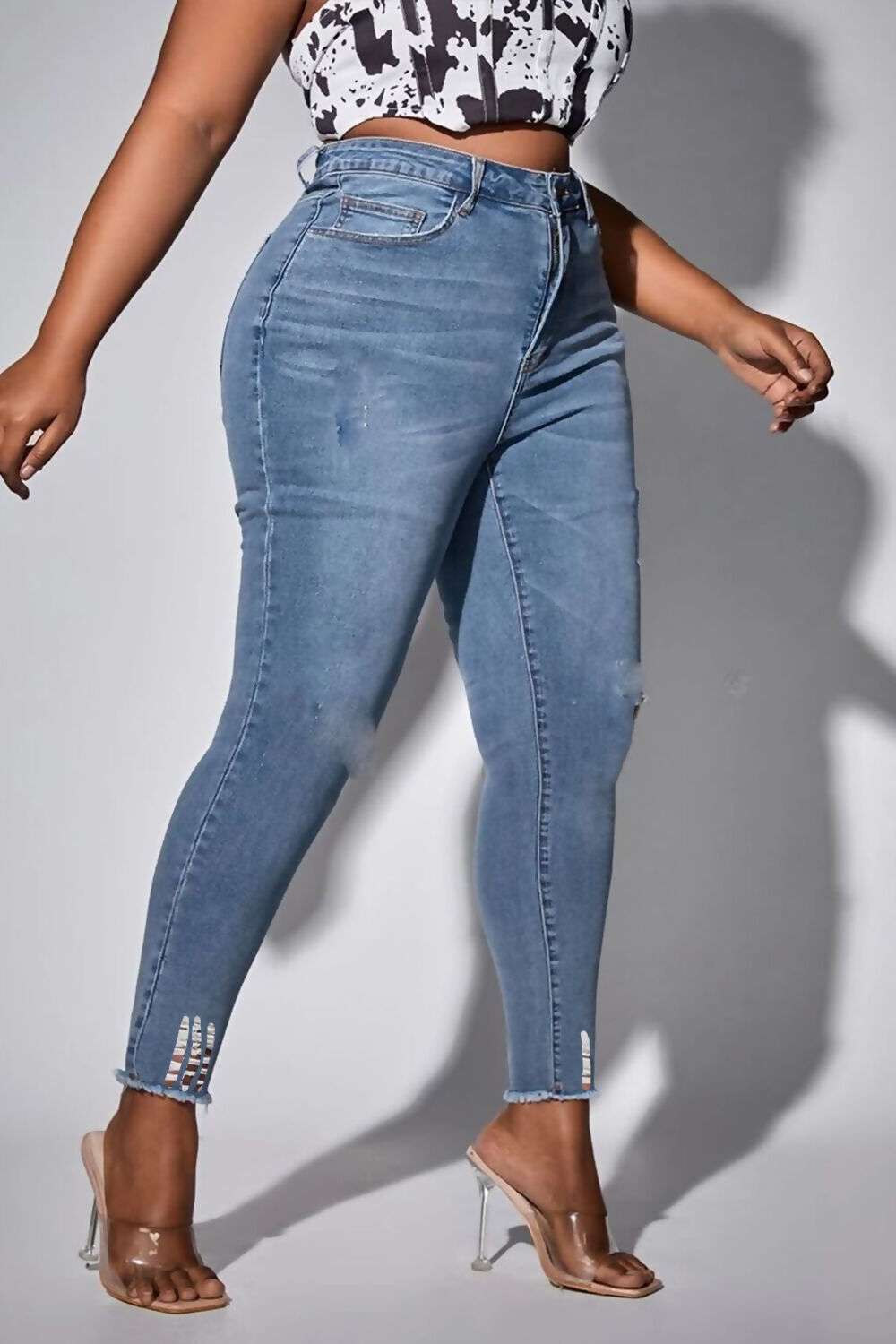 PLUS SIZE BLUE RIPPED KNEE HIGH WAIST SKINNY JEANS - FirstFash UK