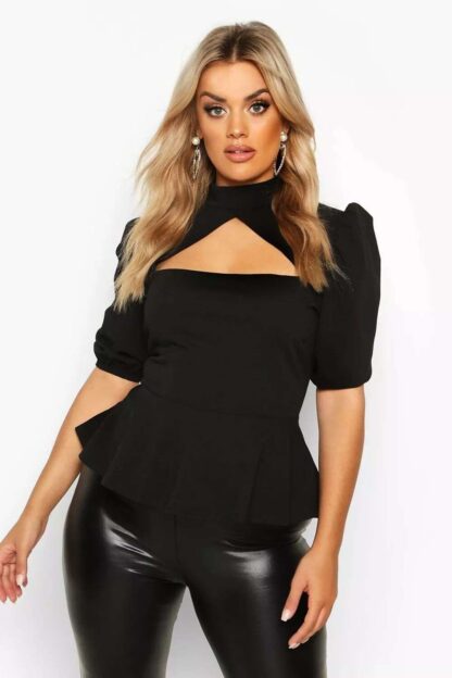 CHOKER CUT OUT PUFF SLEEVE PEPLUM TOP black