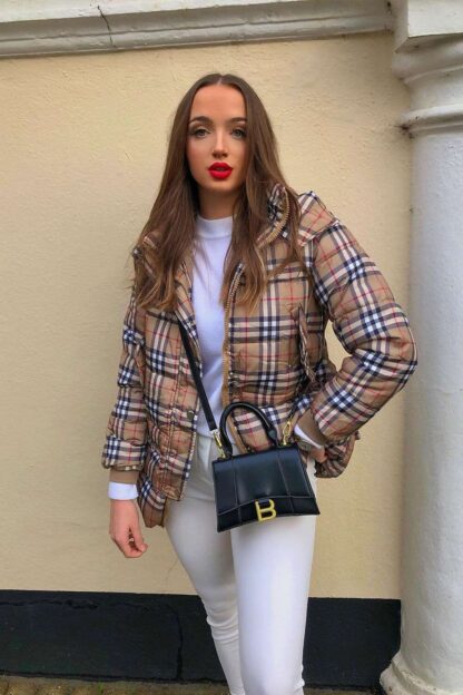 BROWN CHECK OVERSIZED QUILTED PUFFER COAT