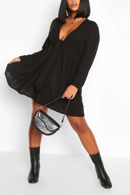 PLUS SIZE TIE FRONT RIB LONG SLEEVE SMOCK DRESS