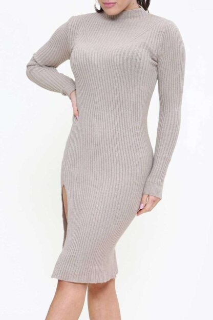 High Neck Ribbed Knit Midi Dress