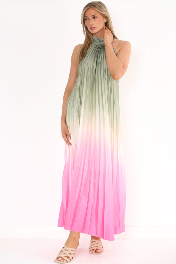 Elegant Pleated Ombre Striped Maxi Dress