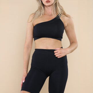 Trendy Ribbed Seamless One-Shoulder Cycling Co-Ord Set - Fashionable Activewear